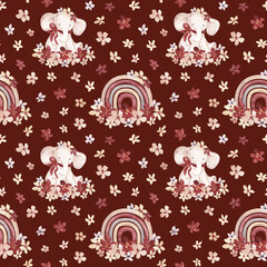 Retro girl pattern. Cute elephant and rainbow. Vintage toys and flowers repeat print. Old time colors. Digital paper hand drawn with watercolor. Floral seamless tile for textile, fabric, clothing
