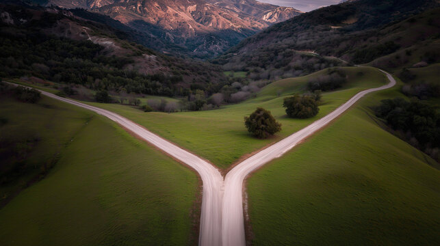 divergence. A symbolic fork in the road with two diverging paths under a dramatic sky, representing choices. wellbeing guides, coaching materials, designed for coaching and self-improvement content.
