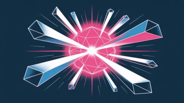 Dynamic geometric explosion radiates vibrant energy from a central pink core with sharp crystalline projections bursting outwards in a modern abstract design.
