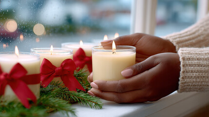 Woman arranging lit candles on window sill with pine branches and red ribbon decorations during evening