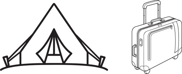 Simple Black Outline Illustrations: Camping Tent and Travel Suitcase