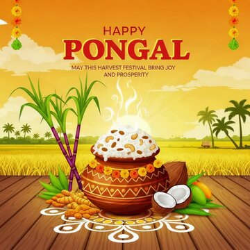 video of happy pongal harvest festival illustration featuring a traditional pot of steaming rice, sugarcane, turmeric, coconut, and a vibrant field.