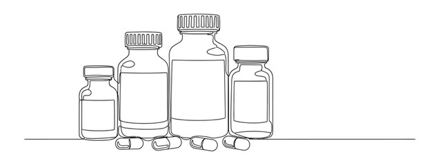 Continuous Line Art Pill Bottles and Capsules on White Background Minimalist Style