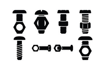Bolt and Nut Silhouette Vector Icon Set