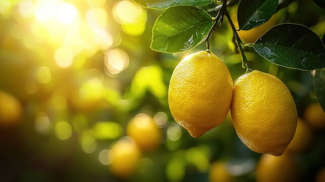 Two bright yellow lemons hanging from a leafy branch, sunlit bokeh background - Powered by Adobe