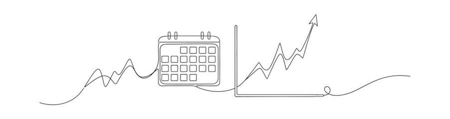 Continuous Line Calendar, Laptop, and Arrow Graph on Transparent Background