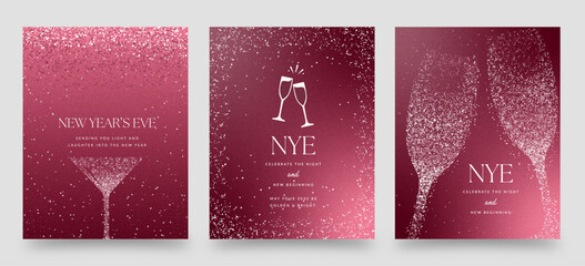 Fototapeta na wymiar Pink Glitter New Year’s Eve NYE Banner Vector Templates with Champagne Glasses, Sparkling Confetti, and Elegant Party Celebration Design