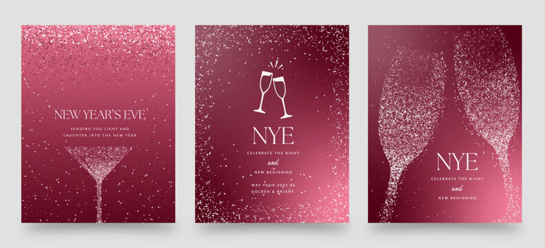 Pink Glitter New Year’s Eve NYE Banner Vector Templates with Champagne Glasses, Sparkling Confetti, and Elegant Party Celebration Design