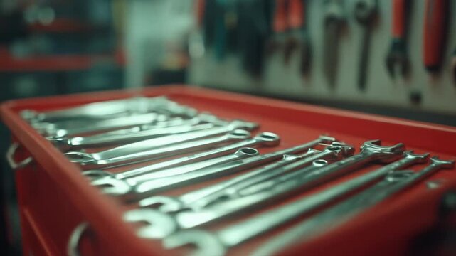 Collection of metal wrenches neatly arranged in red toolbox drawer in workshop setting