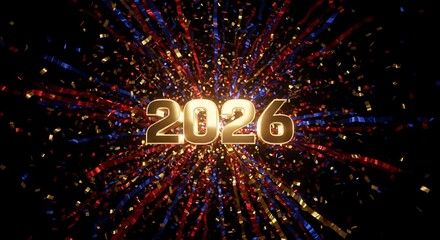 Bright and colorful explosion of confetti and light rays around the golden number 2026 on a black background to celebrate the new year