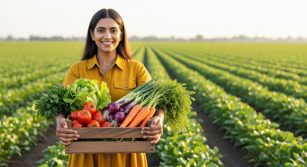 A radiant young Indian woman farmer smiles in a sunlit vegetable field, holding a crate full of freshly harvested organic produce