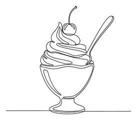 Continuous Line Drawing Ice Cream Sundae with Cherry & Spoon, Transparent