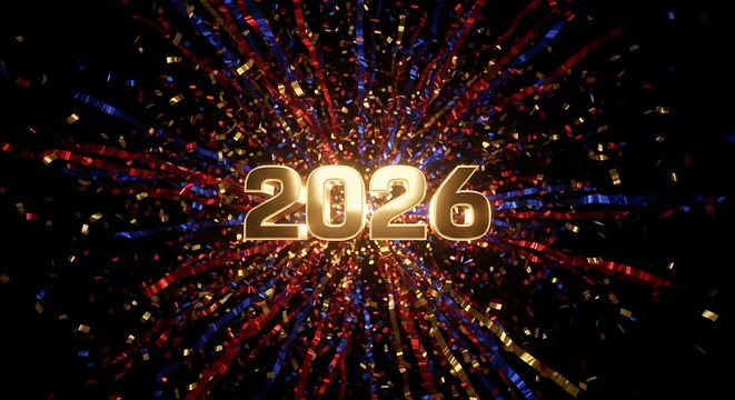 Bright and colorful explosion of confetti and light rays around the golden number 2026 on a black background to celebrate the new year
