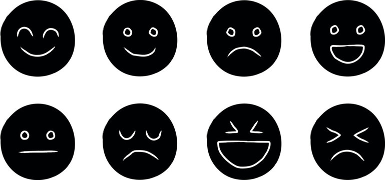 Collection of eight hand drawn black and white cartoon faces expressing different emotions and moods