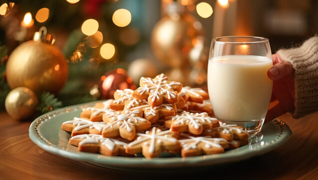 Festive plate of snowflake-shaped Christmas cookies with white icing beside a glass of milk, illuminated by warm golden holiday lights and soft seasonal decor in the background