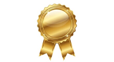 Isolated trophy icon representing success: a gold star medal with ribbons, featuring strong light reflection.