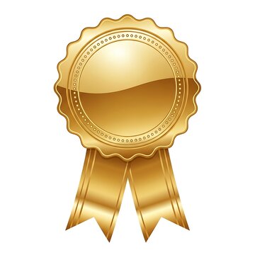 Luxurious graphic of a shiny gold sticker or emblem featuring a reflective center and flowing ribbon attachments.