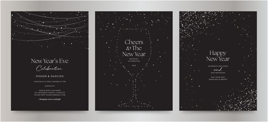 Elegant New Year’s Eve Celebration Invite Poster Banner Vector Templates with Starry Sky, Sparkling Confetti, and Champagne Glass Outline