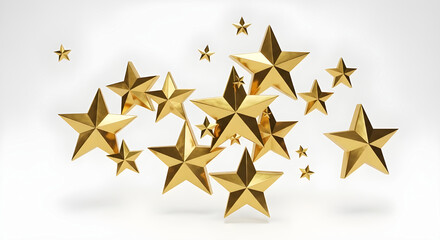 Obraz premium A cluster of shimmering golden stars suspended against a clean white background creating a festive atmosphere