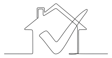 Continuous line drawing of house outline with check mark on transparent backdrop
