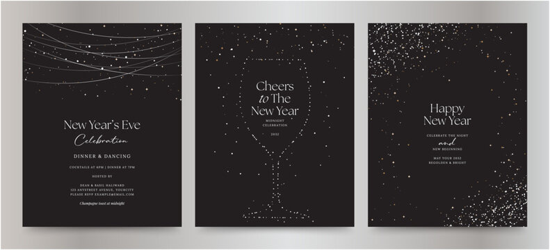Elegant New Year’s Eve Celebration Invite Poster Banner Vector Templates with Starry Sky, Sparkling Confetti, and Champagne Glass Outline - Powered by Adobe