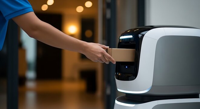 Delivery Robot: A human hand interacts with a futuristic delivery robot, showcasing the seamless integration of technology and service, highlighting the convenience of automated delivery.