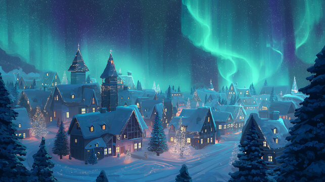 Winter wonderland village aurora borealis christmas scene landscape art
