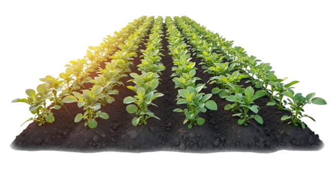 Rows of young green potato plants growing in dark soil, isolated on a transparent background, cutout, PNG