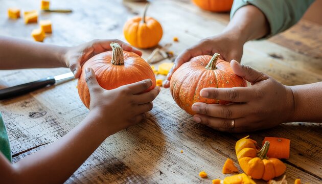 Hands carving pumpkins on a wooden table, a fun autumn activity for the whole family