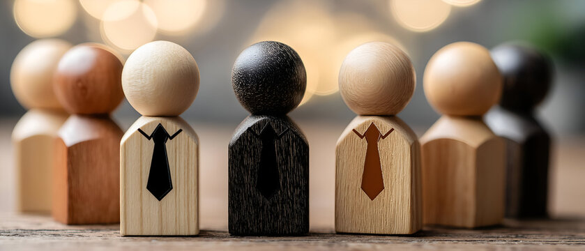 A collection of wooden figurines dressed in suits, representing diversity and teamwork in a modern corporate environment.