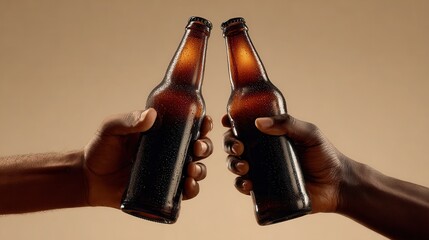 Hands holding cold brown beer bottles, getting ready to clink them together in a celebration, friendship or teamwork in studio