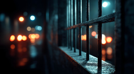 A close-up view of jail bars with atmospheric lighting, conveying themes of confinement and isolation in an urban environment.