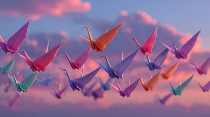 Colorful origami cranes fly in formation against a vibrant sunset sky in the afternoon
