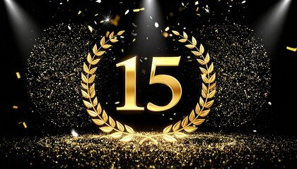 15th Anniversary Golden Wreath Award with Confetti Spotlight　15周年記念のお祝いのイメージ　黒背景に金色の月桂冠と数字の15とスポットライト　デジタルイラスト