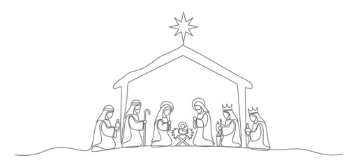 Continuous Line Nativity Scene, Jesus Christ Child, Holy Family, Three Wise Men