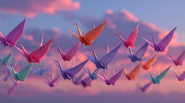 Colorful origami cranes fly in formation against a vibrant sunset sky in the afternoon
