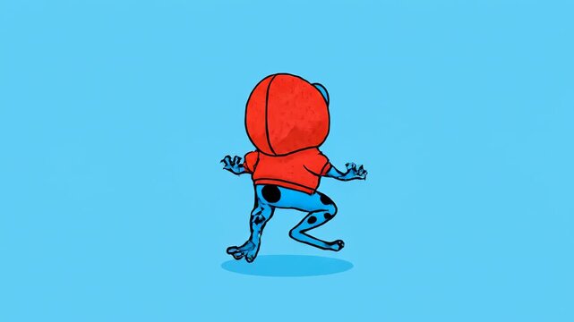 A funny blue frog character wearing a red hoodie performs a popular viral dance. suitable for entertainment, children's books, and musical events	