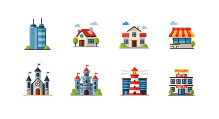 Colorful flat icons of various buildings including skyscraper, house, castle, lighthouse, and hotel