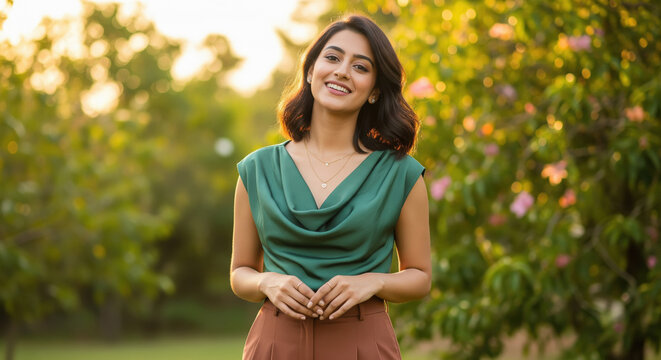 Young indian woman standing confidently at agriculture field