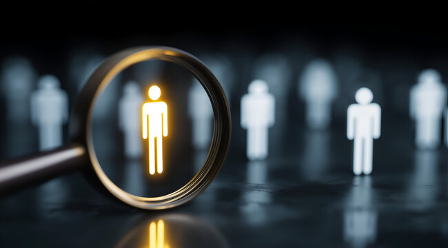 A magnifying glass highlights a unique figure in a crowd, symbolizing focus on talent and individuality in professional settings.