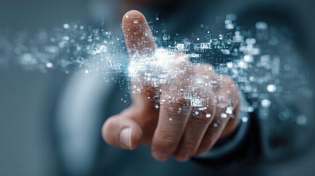 Man's finger interacts with digital data stream representing stock market analysis and technological advancement in financial investment