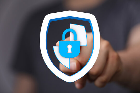 Concept of cybersecurity data protection with shield and padlock symbol on human hand. Secure digital data and safe cloud computing. - Powered by Adobe