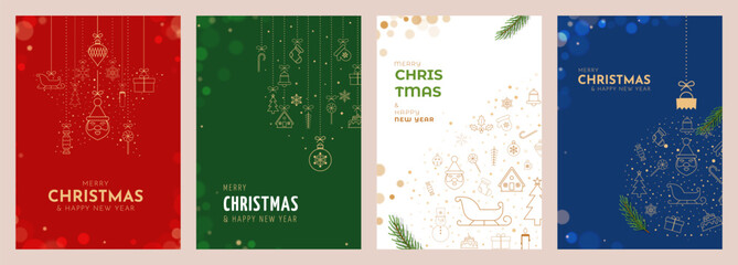 set of decorative merry christmas and happy new year greetings card with christmas elements