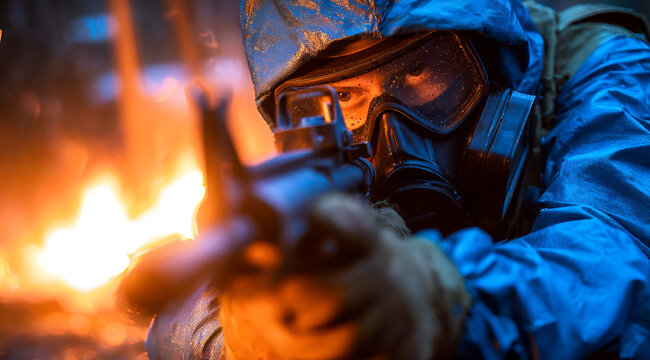 A soldier in protective gear aims a weapon in a chaotic environment, reflecting tension and urgency in crisis situations.