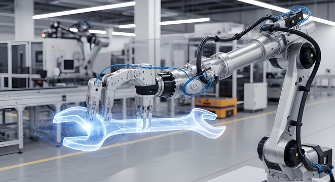 Advanced robotic arm precisely assembling a holographic wrench in a modern automated factory setting