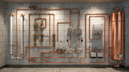 Intricate copper pipes and industrial equipment mounted on a wall, showcasing complex infrastructure. The pipes are neatly arranged.