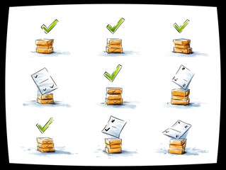 A grid of nine illustrations depicting stacks of orange blocks with either green checkmarks or papers on top, representing tasks or progress.