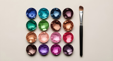 Collection of sparkling oval gemstones in various vibrant colors arranged neatly next to a paintbrush