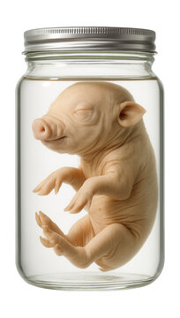 Jar with a fetal pig in formaldehyde, highlighting developing limbs and facial traits.