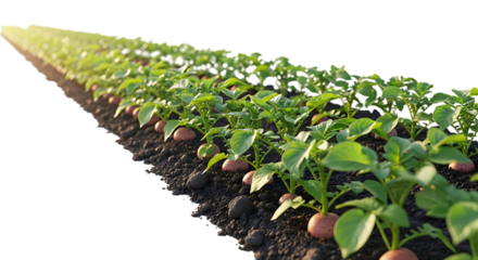 Rows of young potato plants with developing tubers in soil, isolated on a transparent background, cutout, PNG